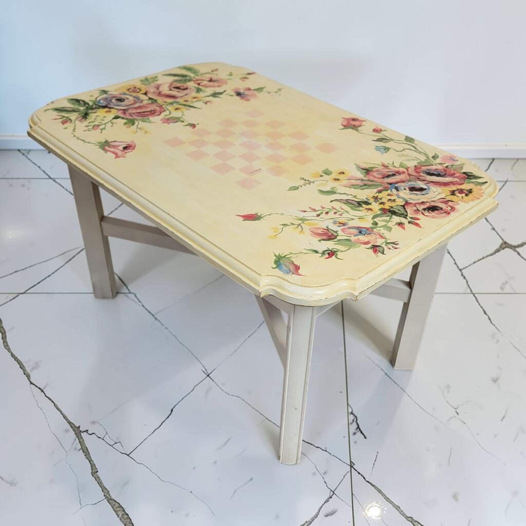 8603 Mid-Century Hand-Painted Floral Games Coffee #Table