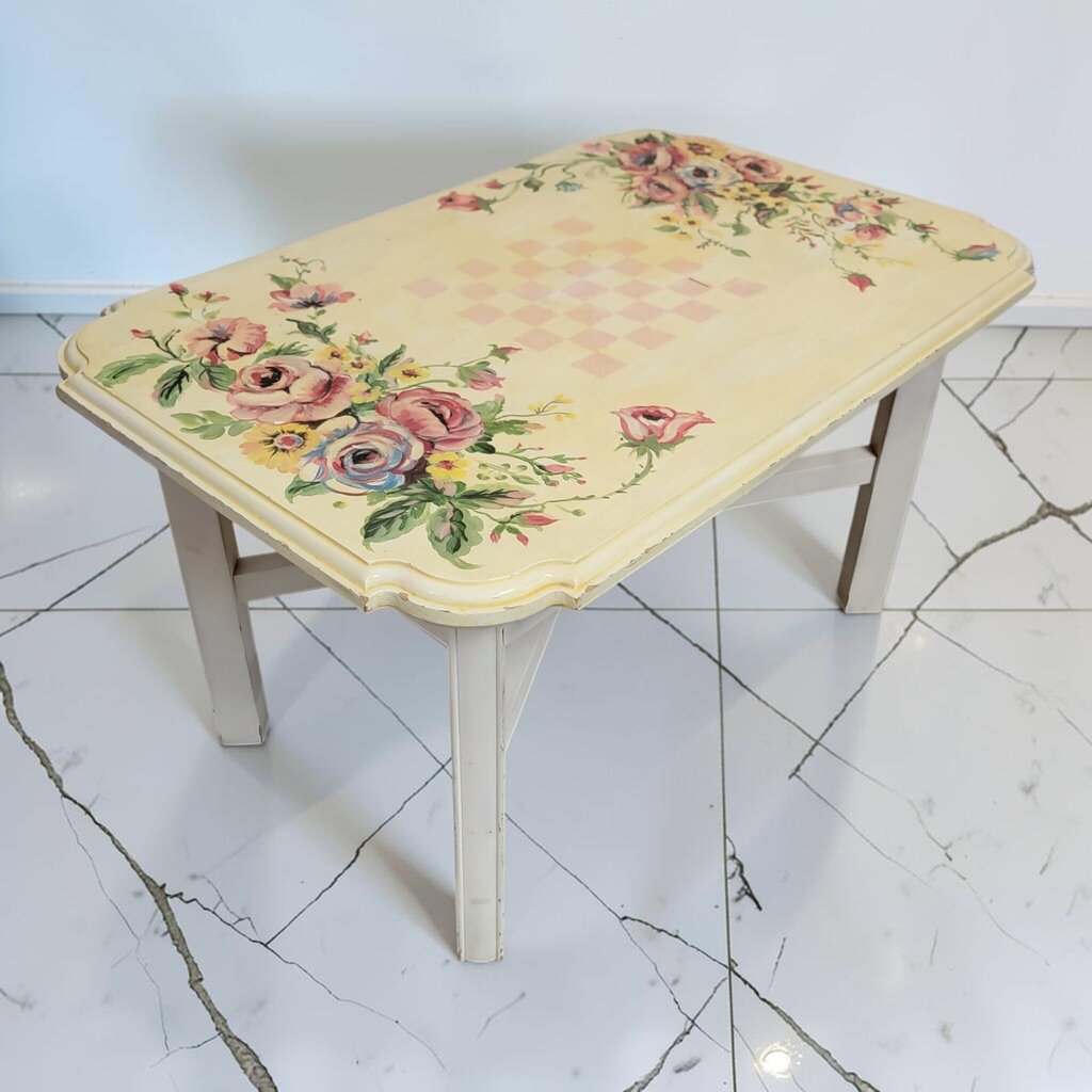 8603 Mid-Century Hand-Painted Floral Games Coffee #Table
