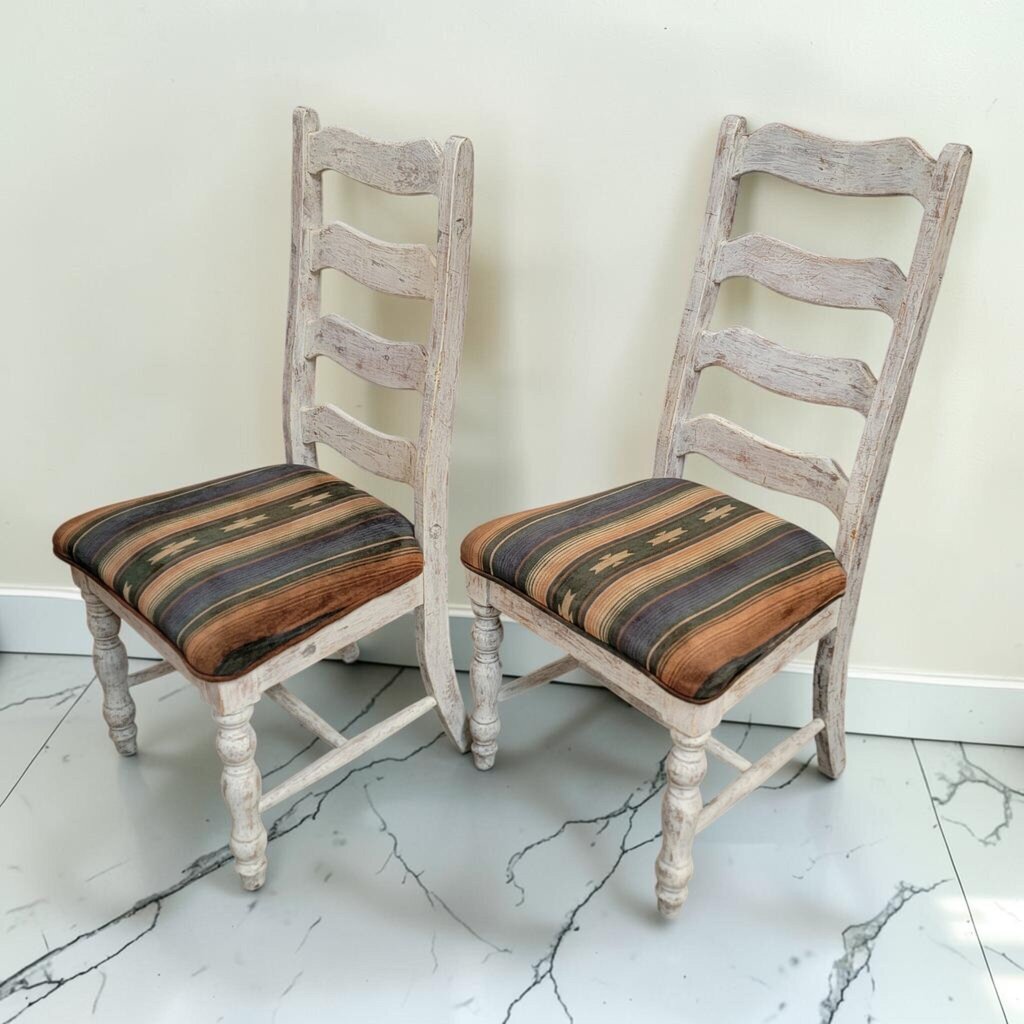 8610-8611 Distressed White Southwestern Ladder-back #Chairs ~ FURNITURE