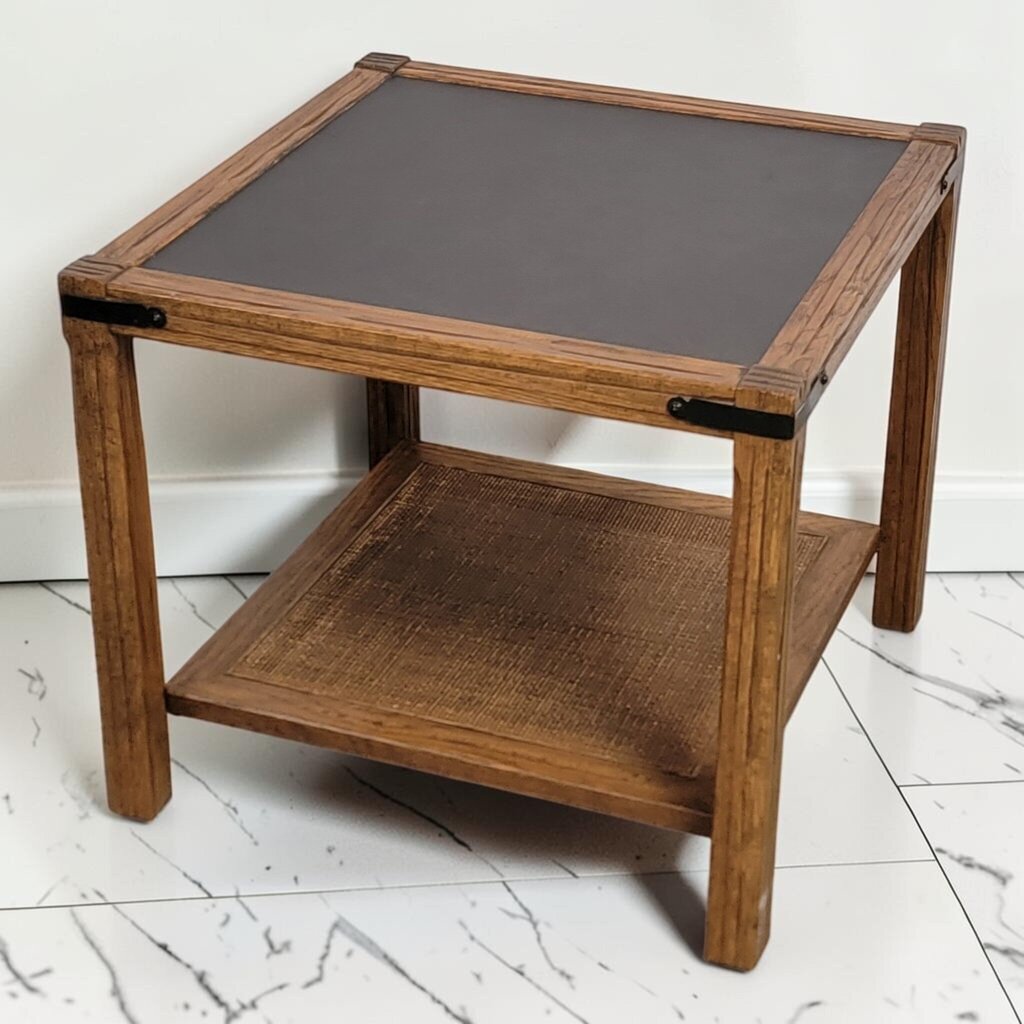 8623 Vintage Wood and Black End Table with Woven Cane Shelf
