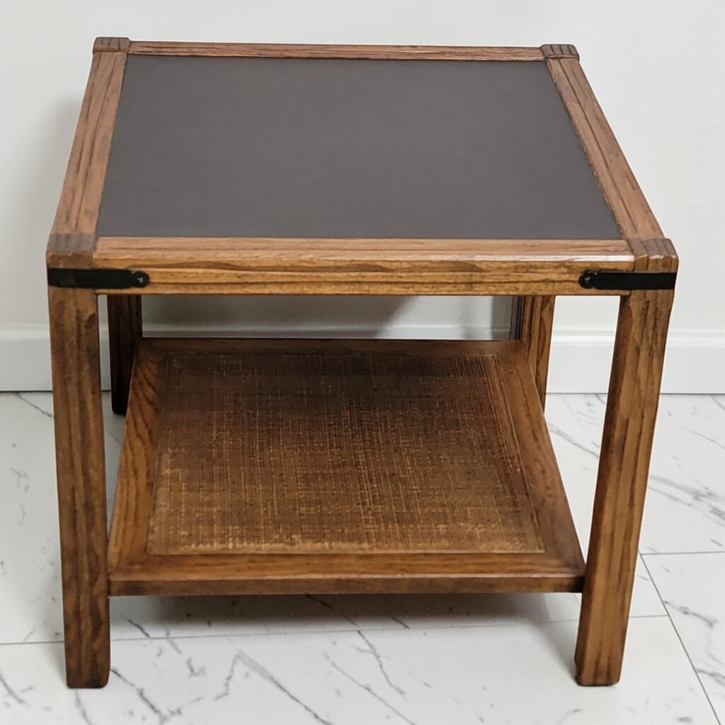 8623 Vintage Wood and Black End Table with Woven Cane Shelf
