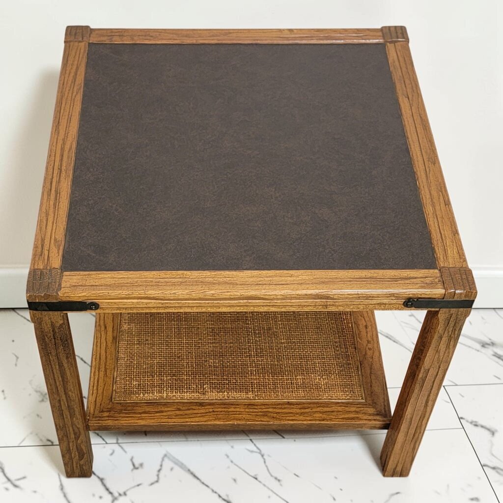 8623 Vintage Wood and Black End Table with Woven Cane Shelf
