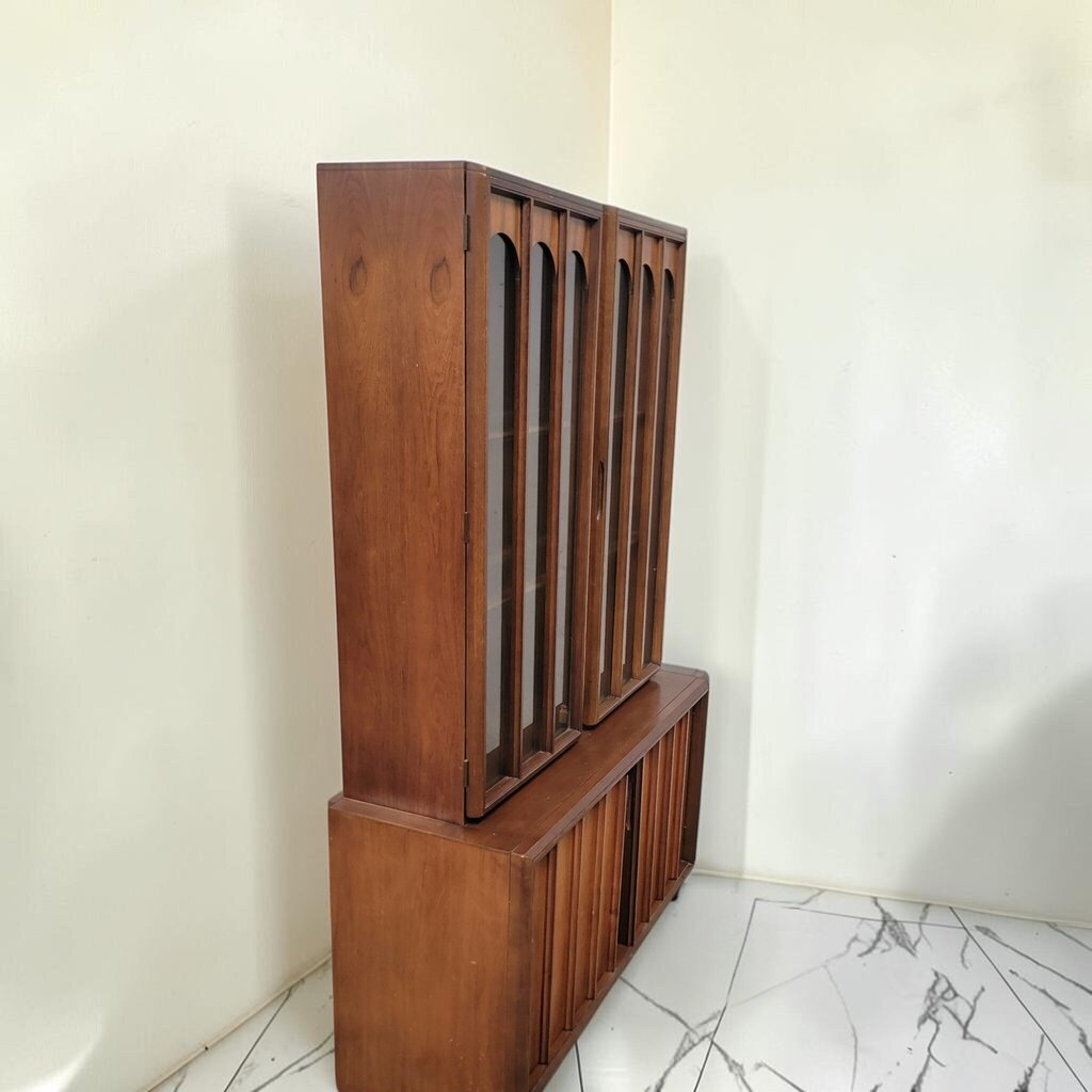 8626 Mid Century Modern Arched Glass Hutch and Slatted #Credenza