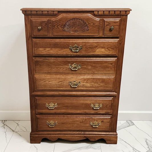 8643 Vintage Carved Oak Highboy Chest of Drawers