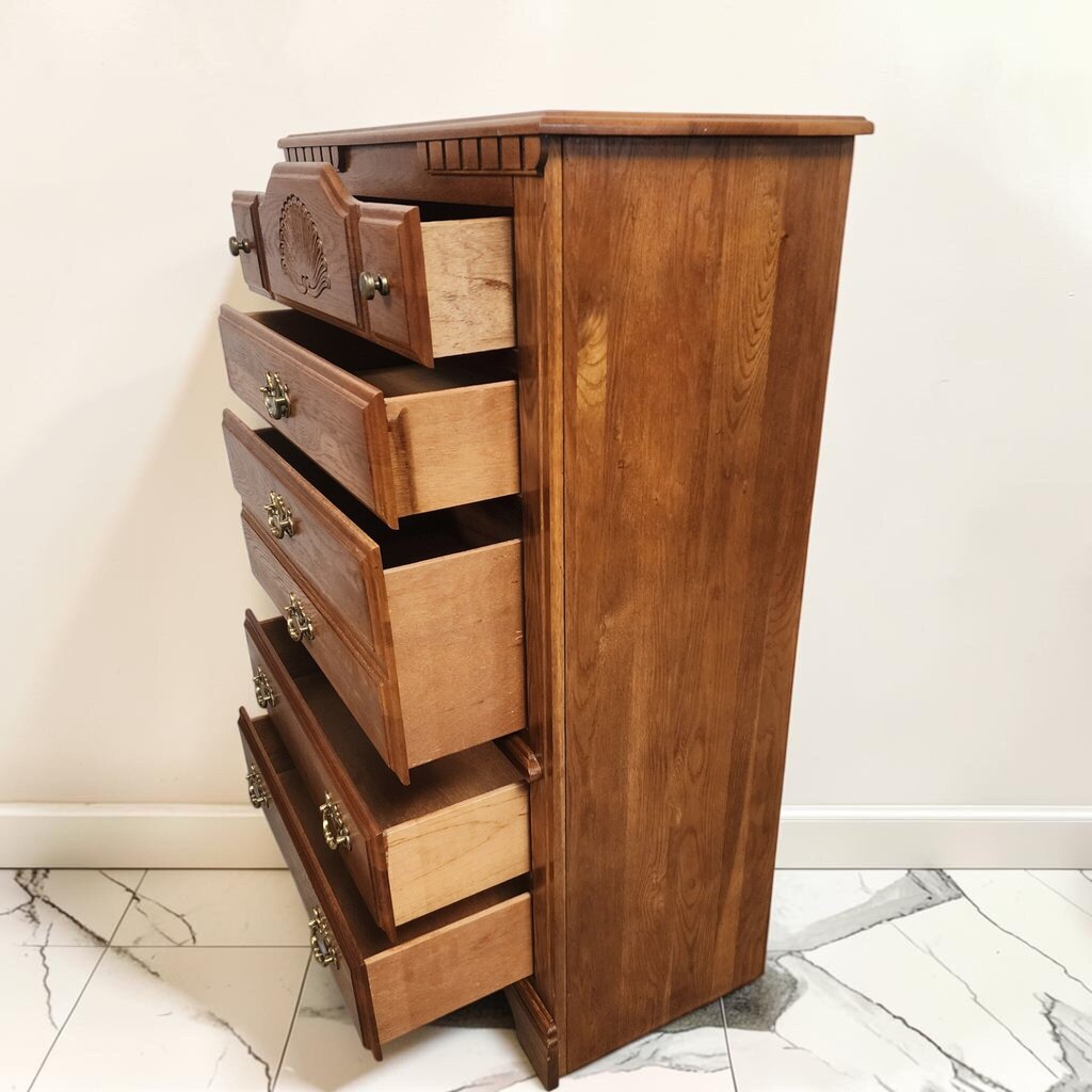 8643 Vintage Carved Oak Highboy Chest of Drawers