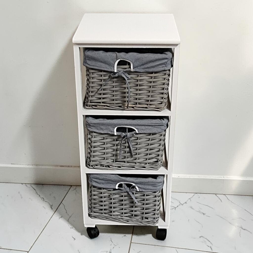 8657 3 Tier White Rolling Storage Cart with Grey Wicker Baskets