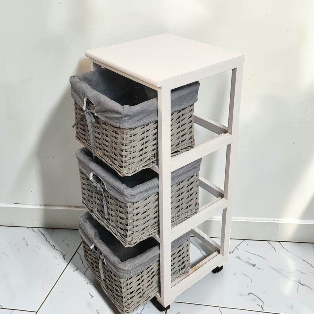 8657 3 Tier White Rolling Storage Cart with Grey Wicker Baskets