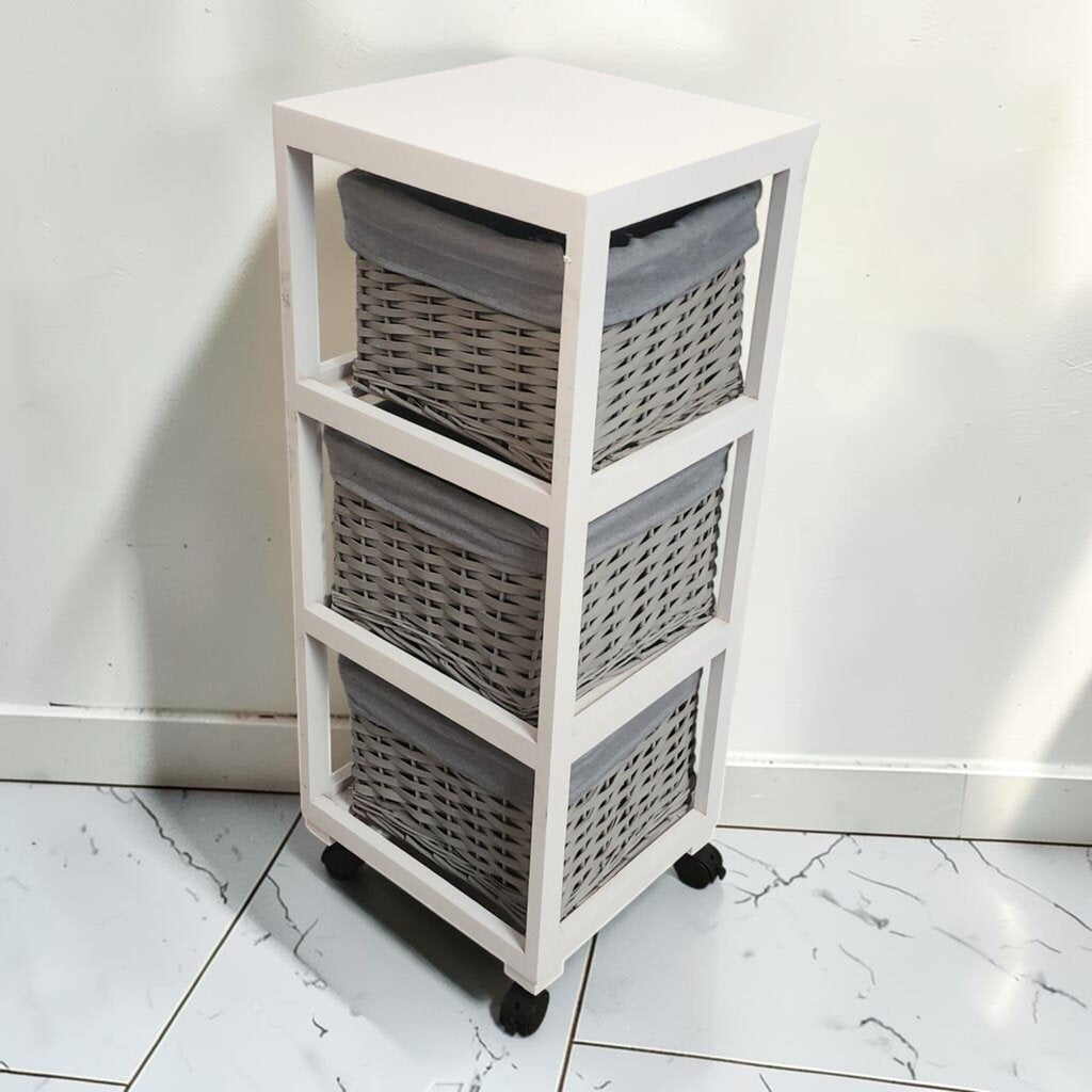 8657 3 Tier White Rolling Storage Cart with Grey Wicker Baskets