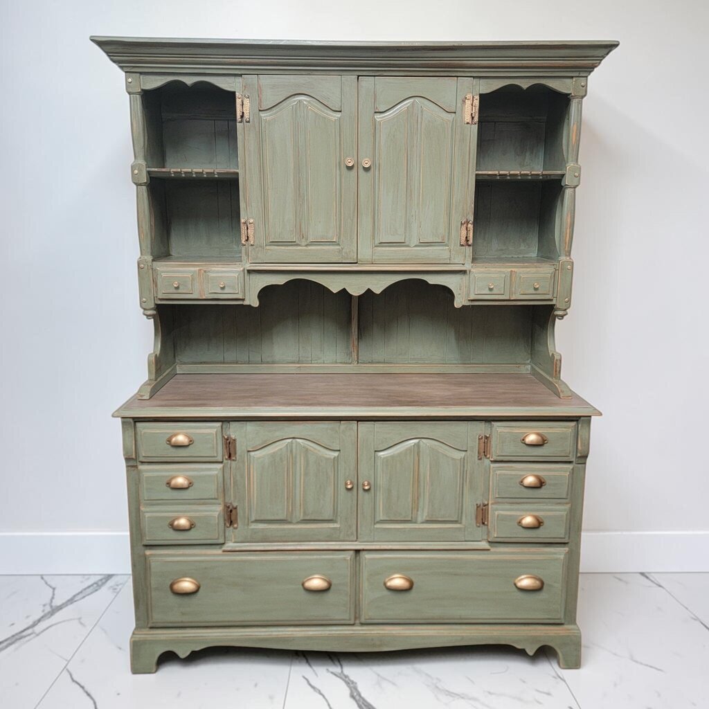 8663 Two- Piece Distressed Sage Green French Provincial Style #Hutch