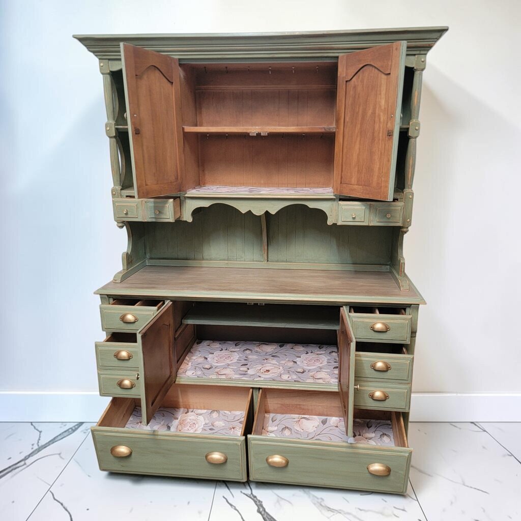 8663 Two- Piece Distressed Sage Green French Provincial Style #Hutch