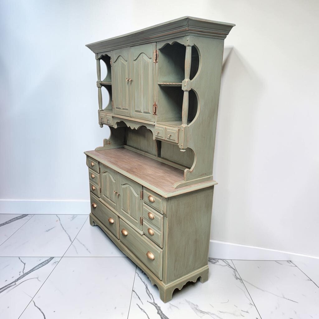 8663 Two- Piece Distressed Sage Green French Provincial Style #Hutch