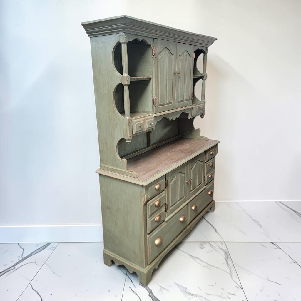 8663 Two- Piece Distressed Sage Green French Provincial Style #Hutch