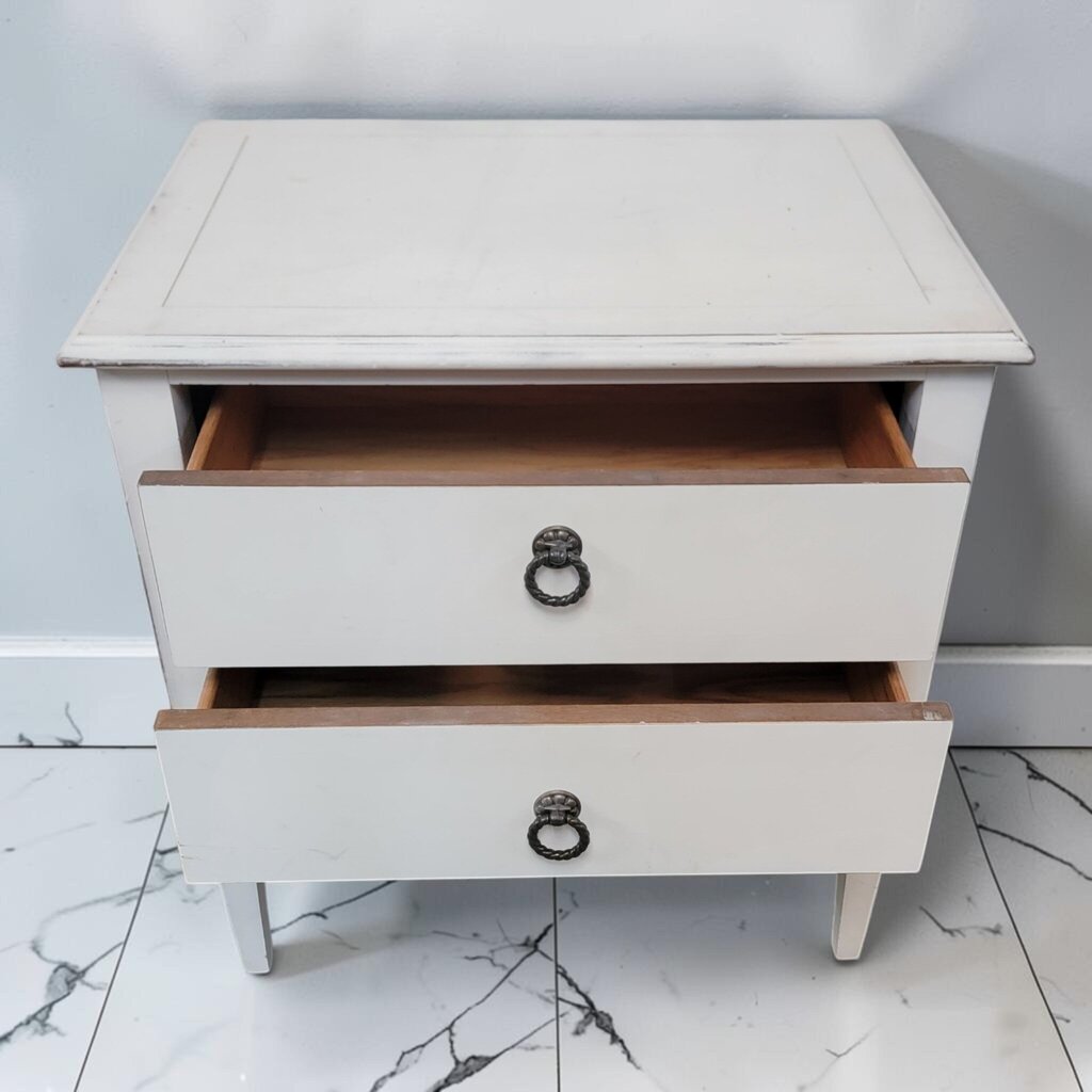8695 White Painted Two-Drawer Nightstand with Tapered Legs