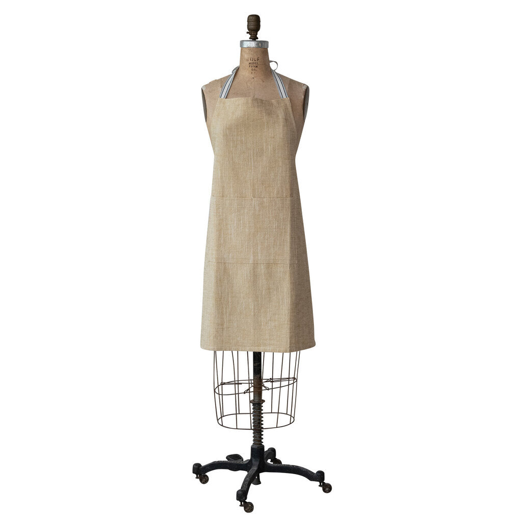 Tan Cotton Apron | Striped Straps | Pockets