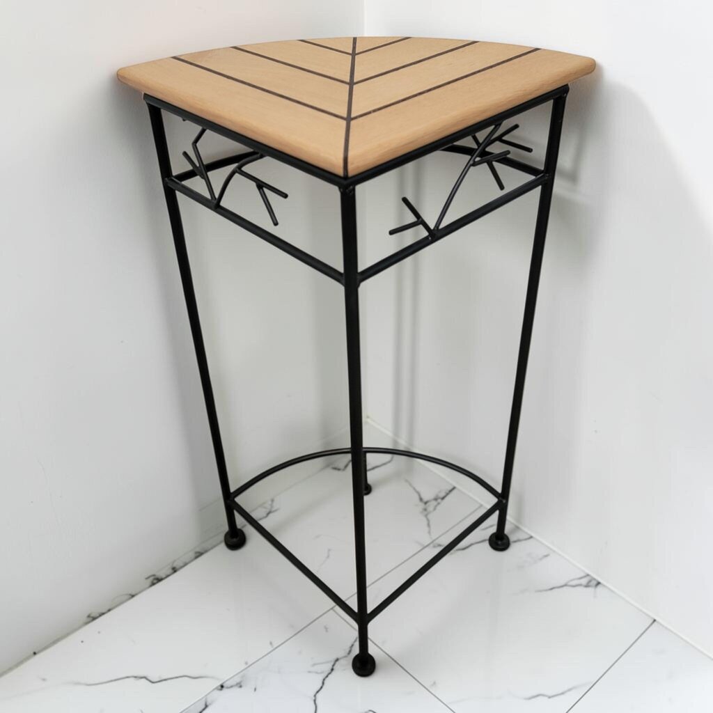 8697 Contemporary Metal and Inlaid Wood Corner Plant Stand