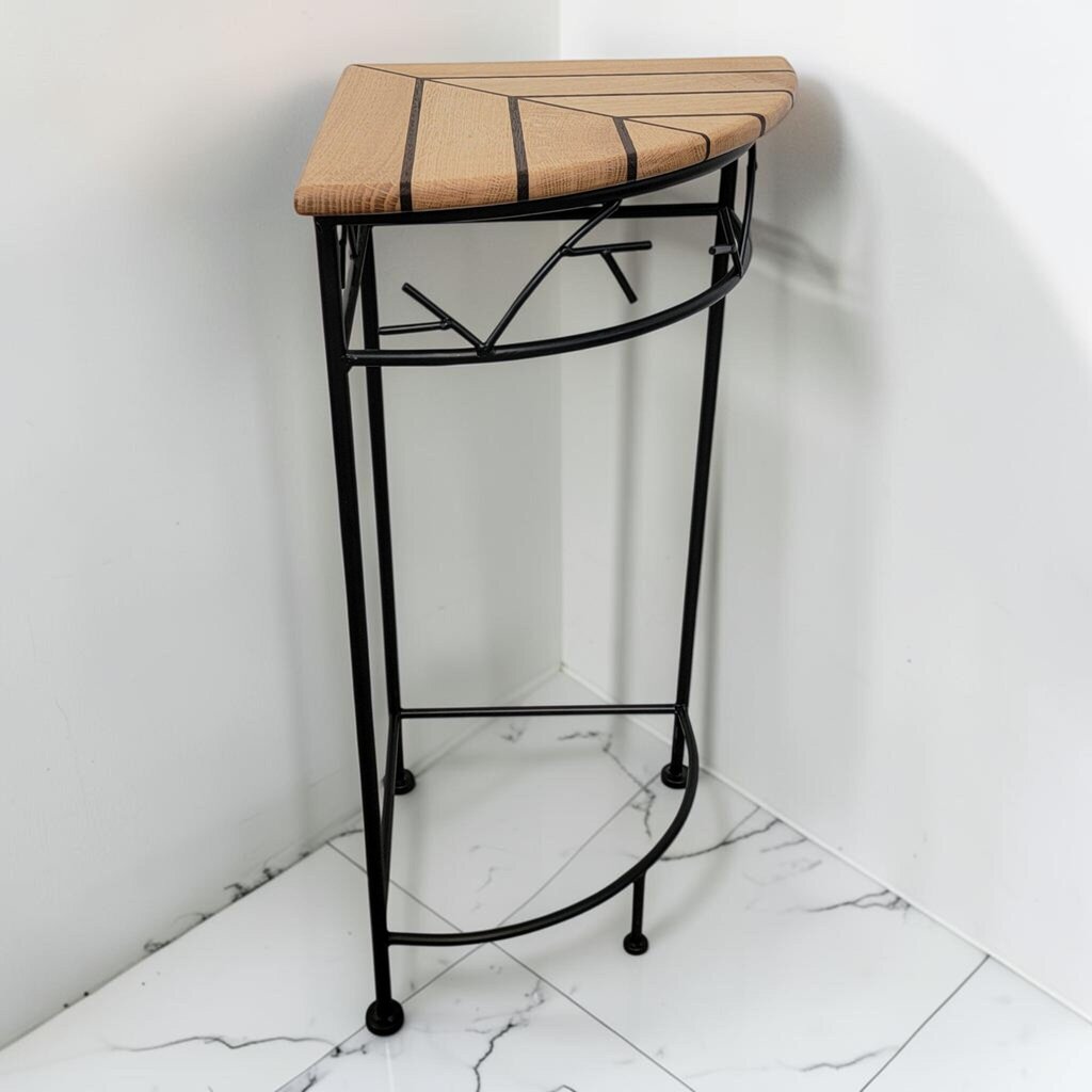 8697 Contemporary Metal and Inlaid Wood Corner Plant Stand