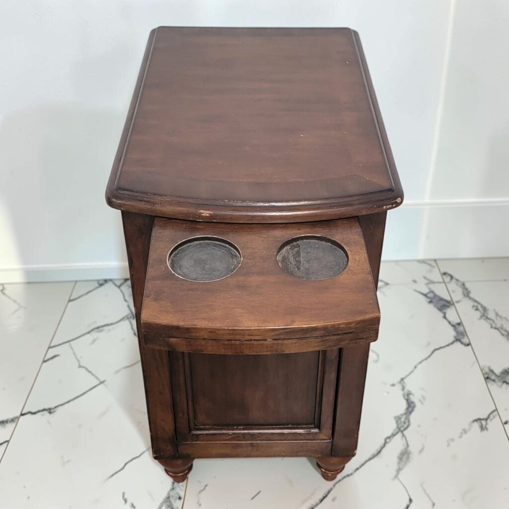 8705 Traditional Dark Wood Side #Table with Integrated Cupholders and Tilt-Out Bin