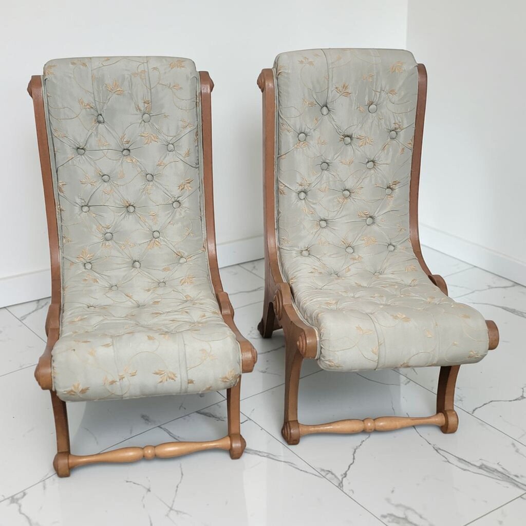 8707-8708 Pair of Mid-Century Neoclassical Style Tufted Slipper Chairs