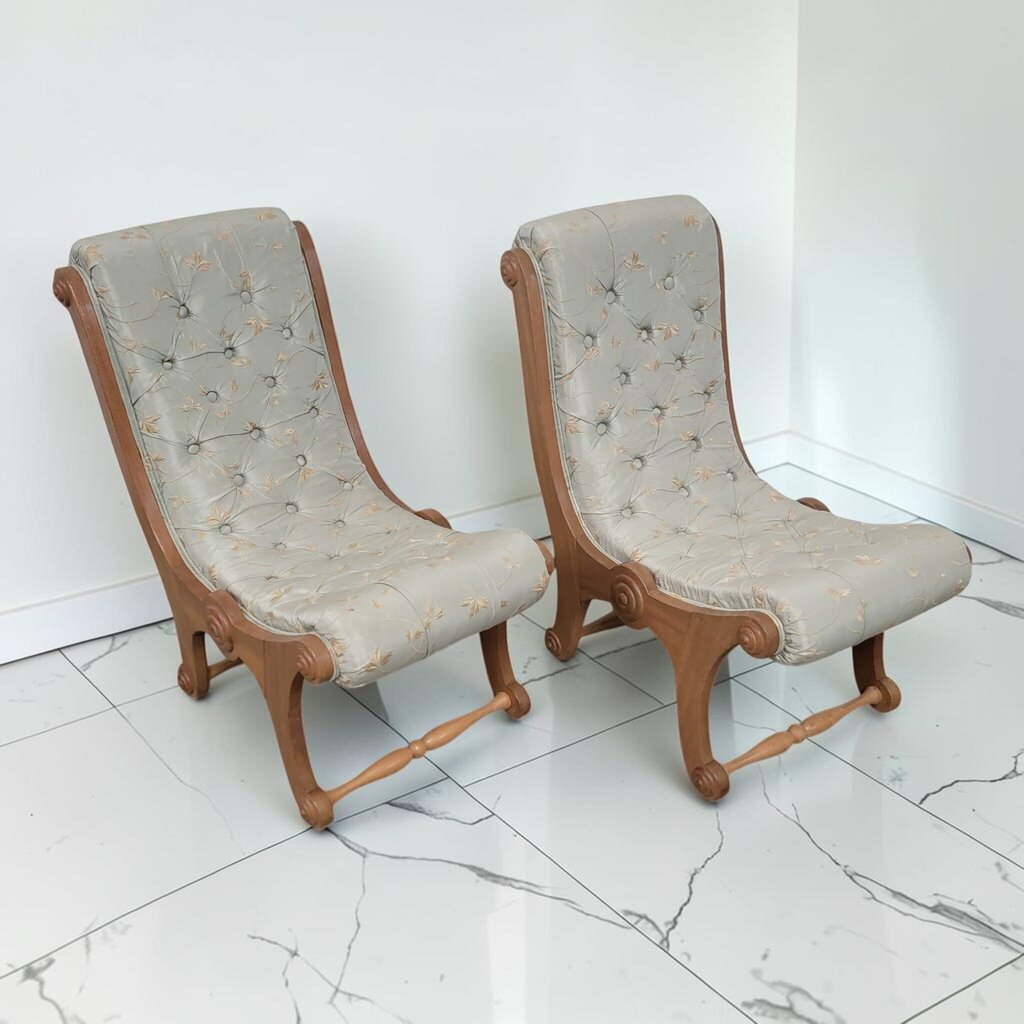 8707-8708 Pair of Mid-Century Neoclassical Style Tufted Slipper Chairs