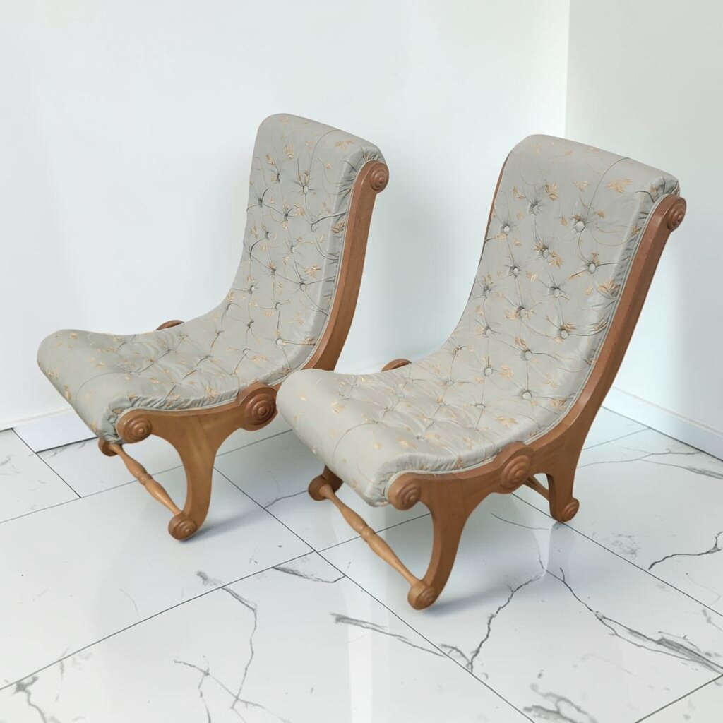 8707-8708 Pair of Mid-Century Neoclassical Style Tufted Slipper Chairs