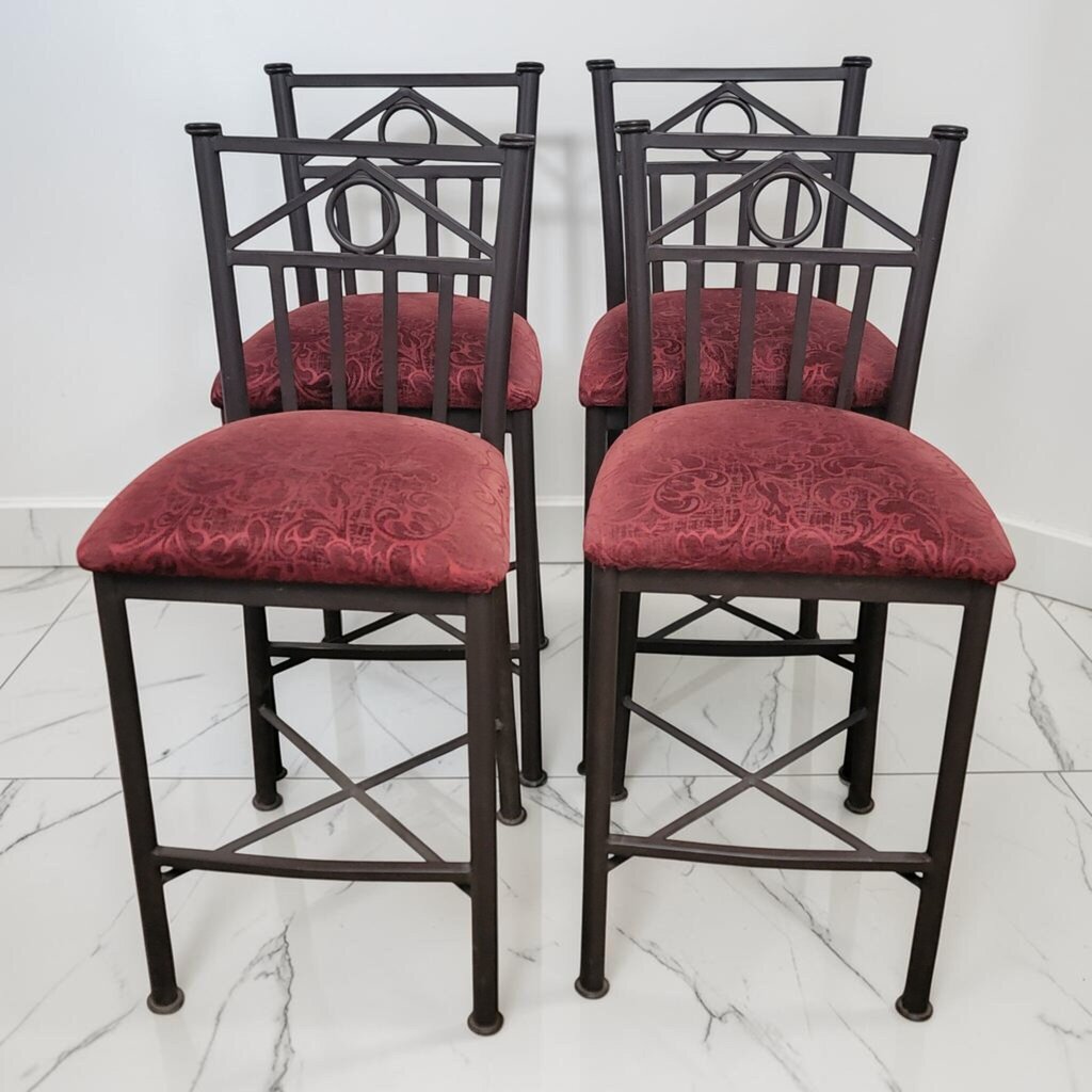 8709 - 8712 Geometric Metal Counter #Stools with Red Damask Upholstery