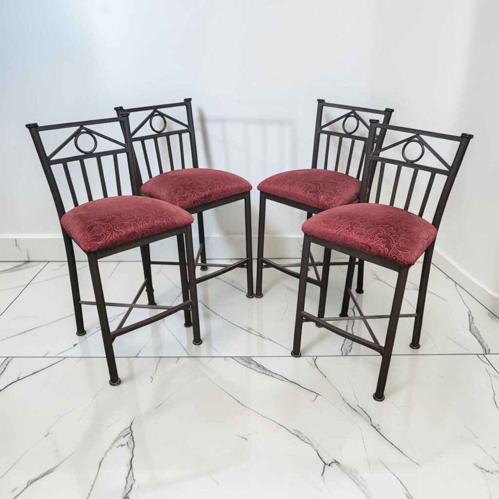 8709 - 8712 Geometric Metal Counter #Stools with Red Damask Upholstery