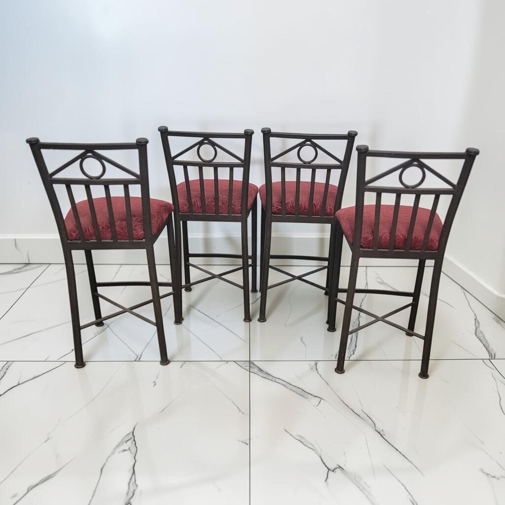 8709 - 8712 Geometric Metal Counter #Stools with Red Damask Upholstery