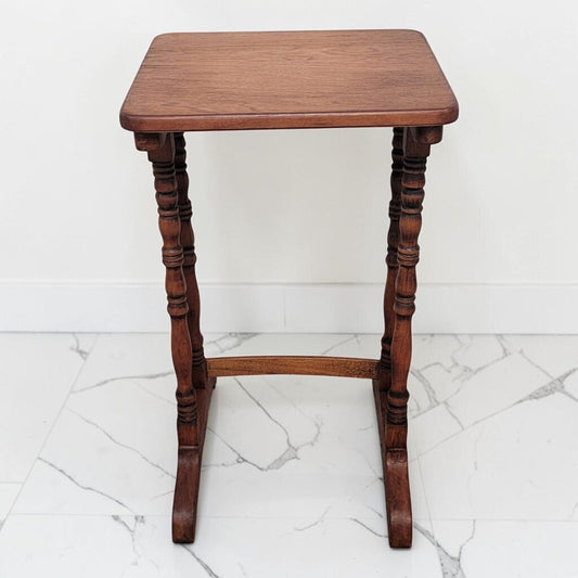 8716 Vintage Jacobean Revival Oak Trestle Side Table