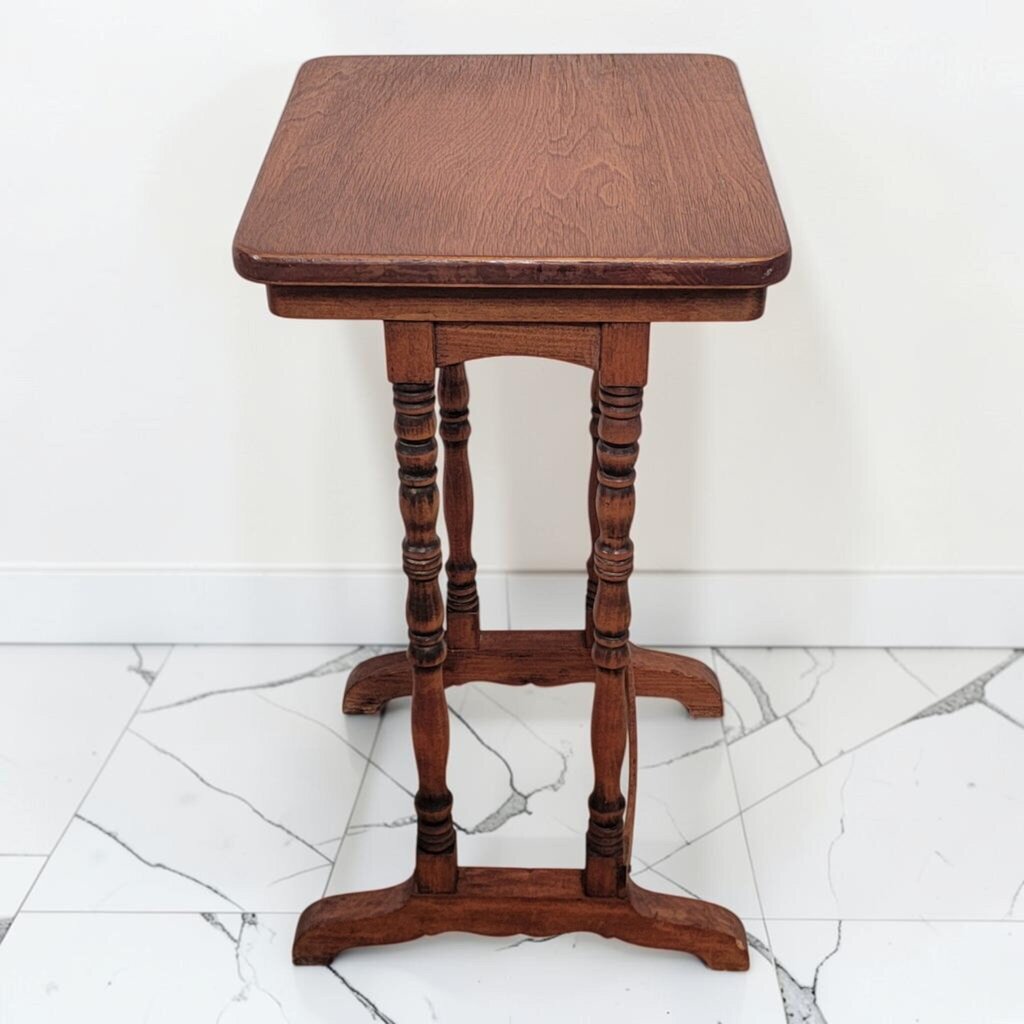 8716 Vintage Jacobean Revival Oak Trestle Side Table