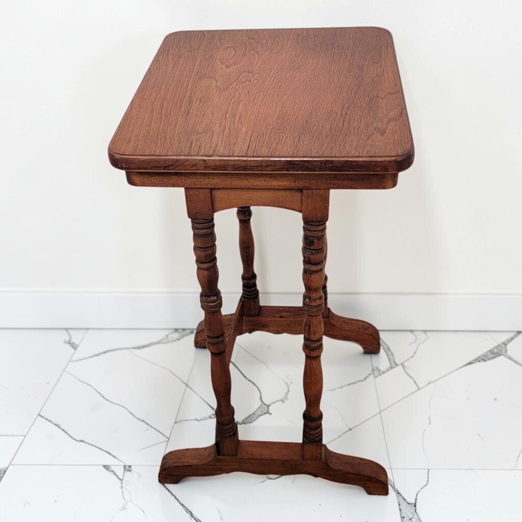 8716 Vintage Jacobean Revival Oak Trestle Side Table