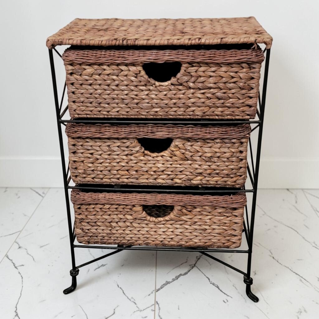 8737 3 Tier Woven Seagrass and Metal Storage Chest