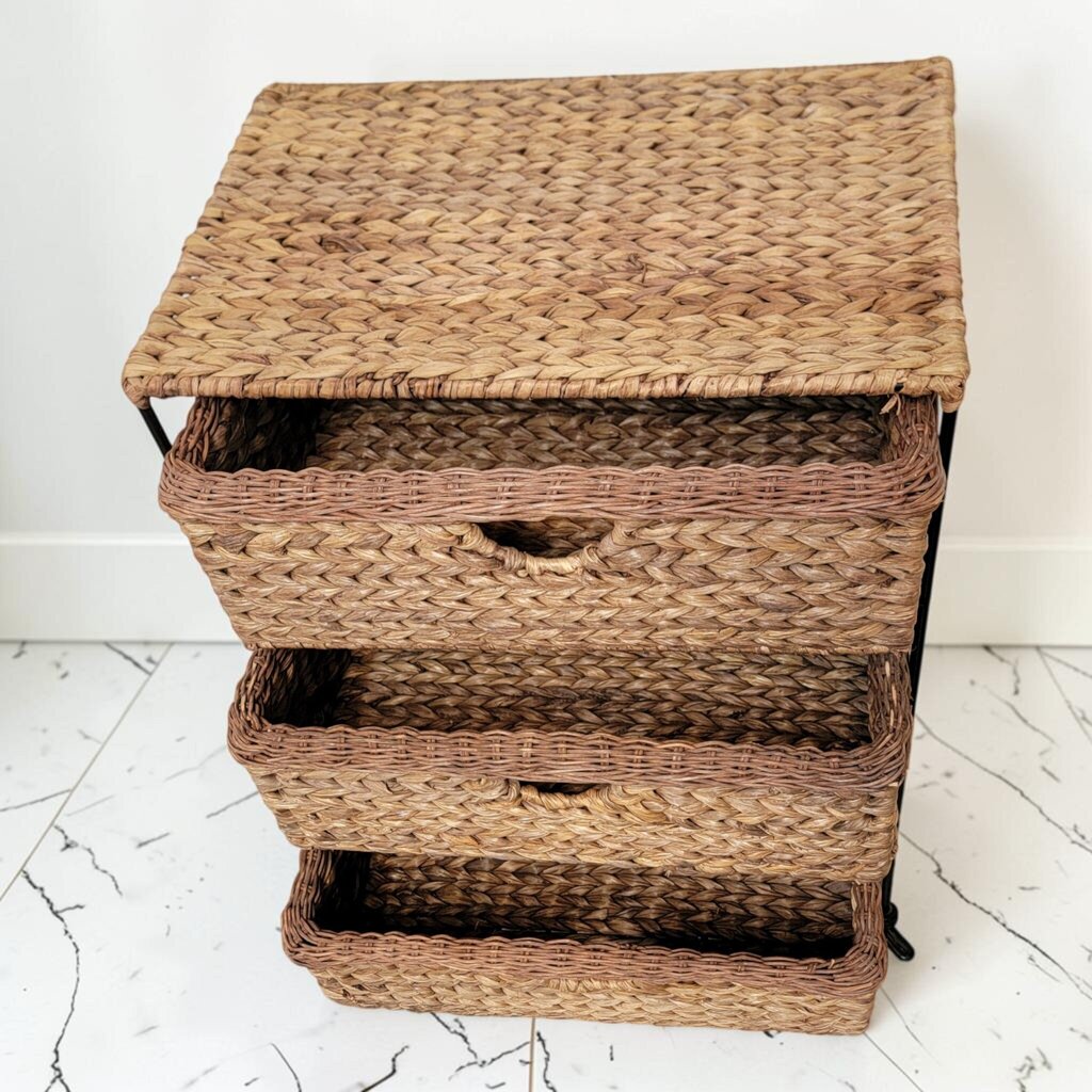8737 3 Tier Woven Seagrass and Metal Storage Chest