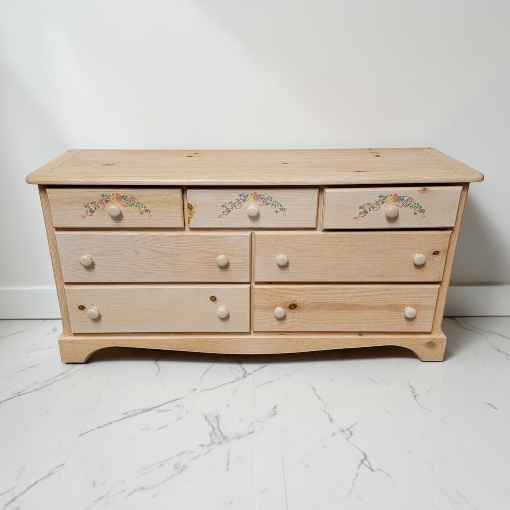 8759 Vintage Pine 7 Drawer #Dresser with Floral Accents