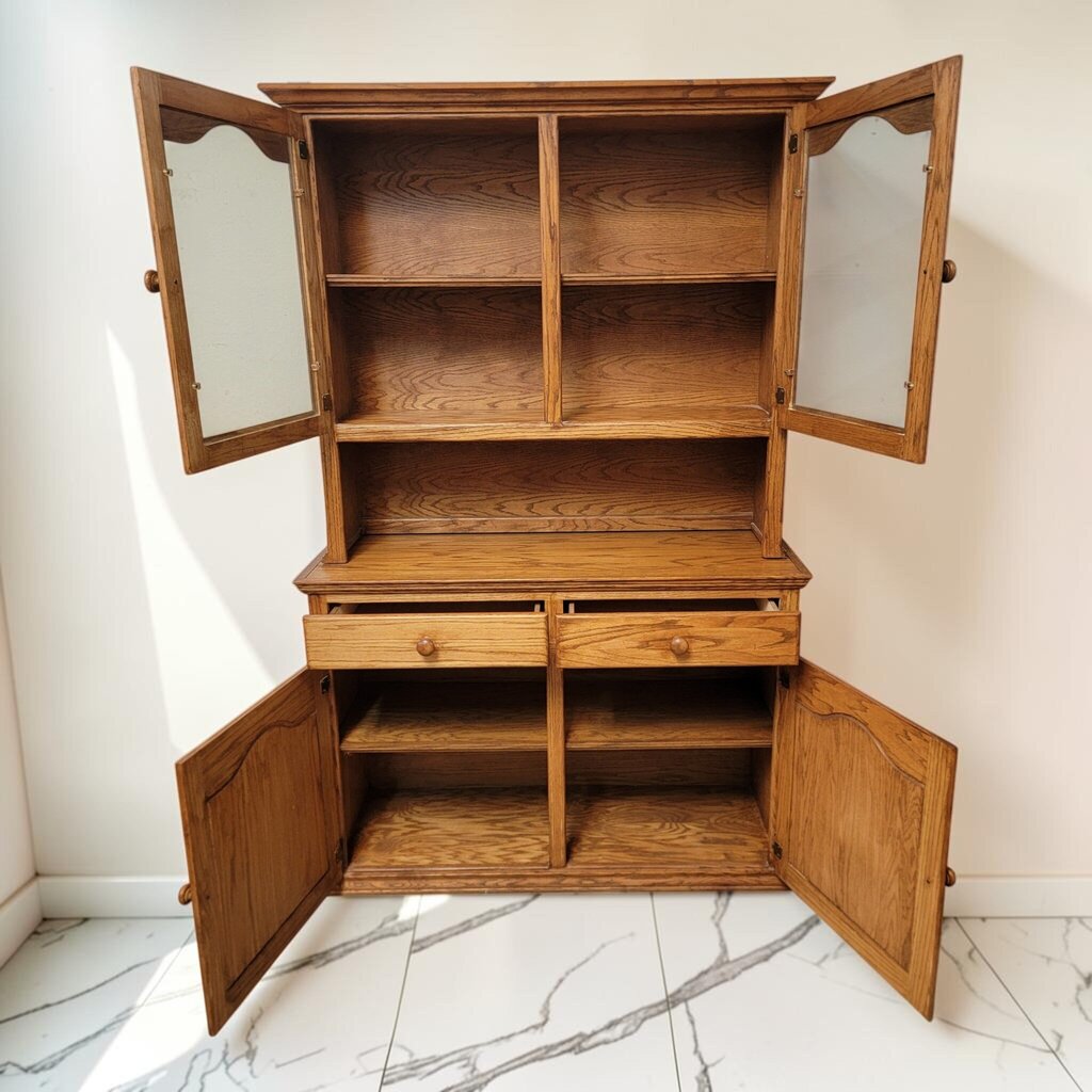 8762 Vintage Golden Oak Two-Piece Country #Hutch Cabinet