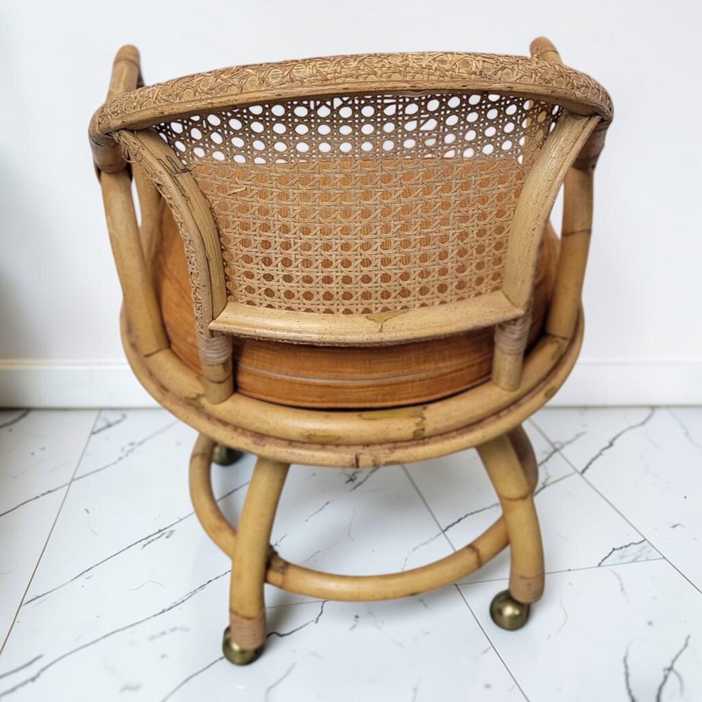 8785 Mid Century Rattan and Cane Rolling #Chair