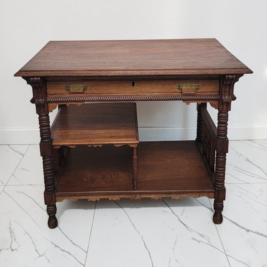 8795 Jacobethan Revival Two-Tier Oak Library #Table Used ~ FURNITURE