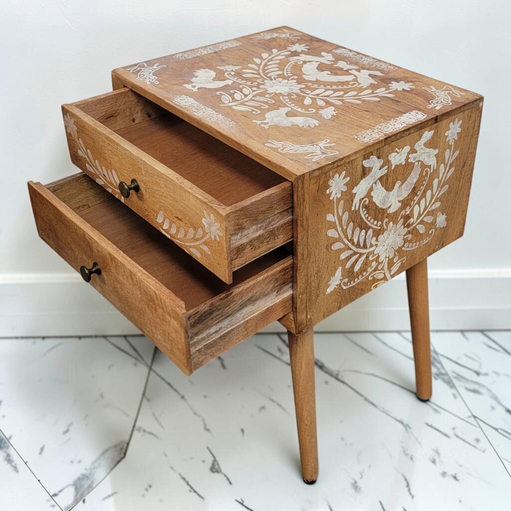8798 Otomi-Inspired Stenciled Mango Wood #Nightstand ~ FURNITURE