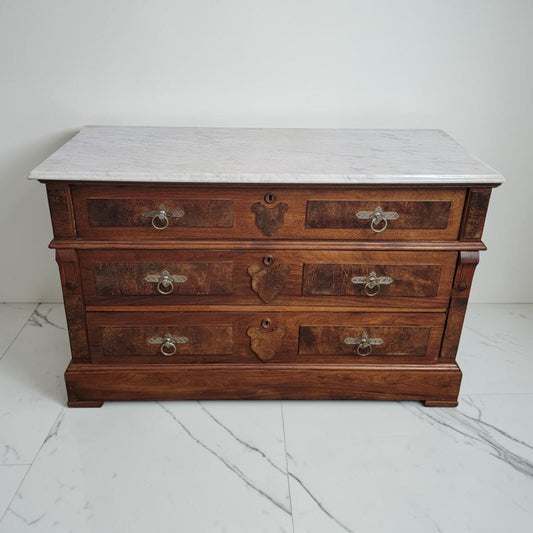 8807 19th-Century Continental Walnut and Burl Three-Drawer #Commode with Marble Top Used ~ FURNITURE