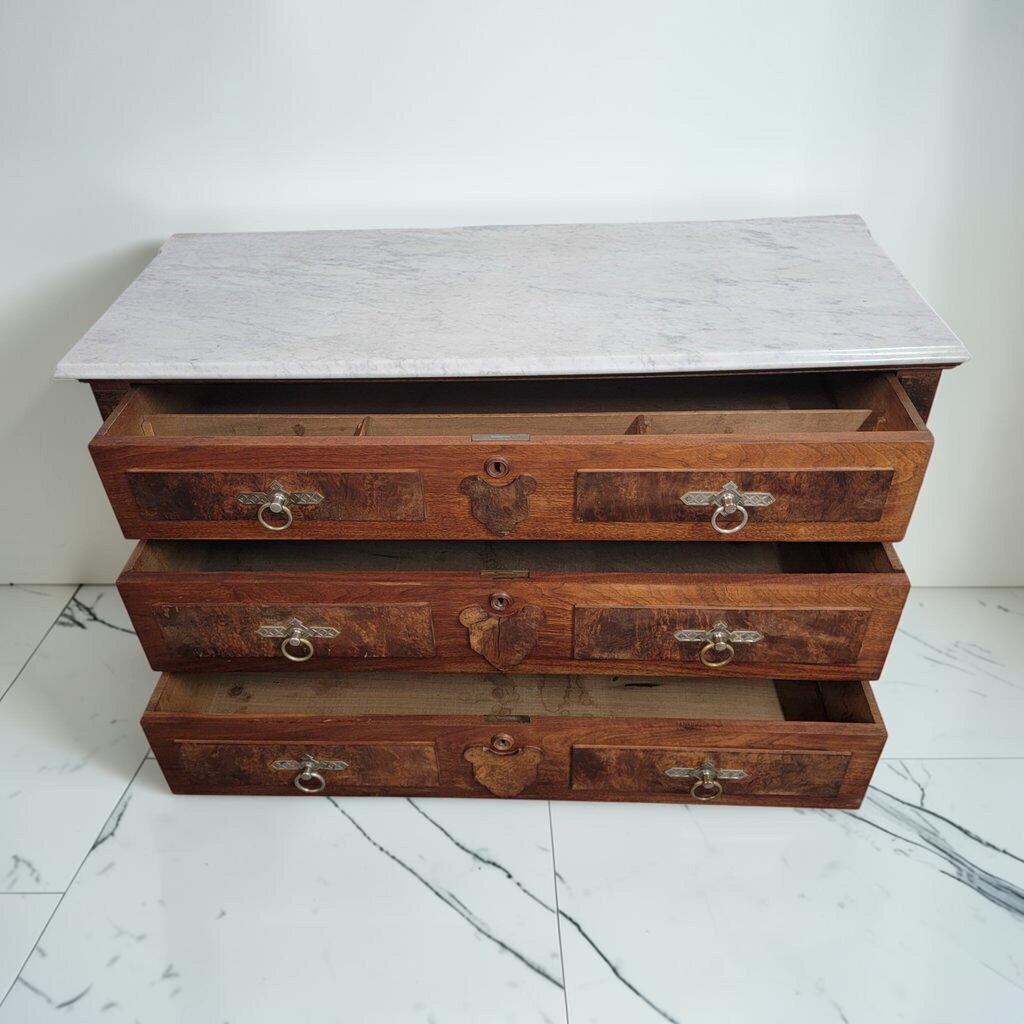 8807 19th-Century Continental Walnut and Burl Three-Drawer #Commode with Marble Top ~ FURNITURE
