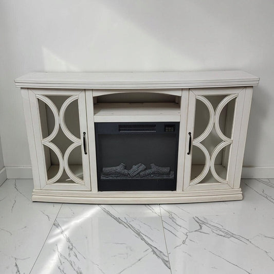8833 Distressed Cream Electric Fireplace Media Console with Fretwork Doors