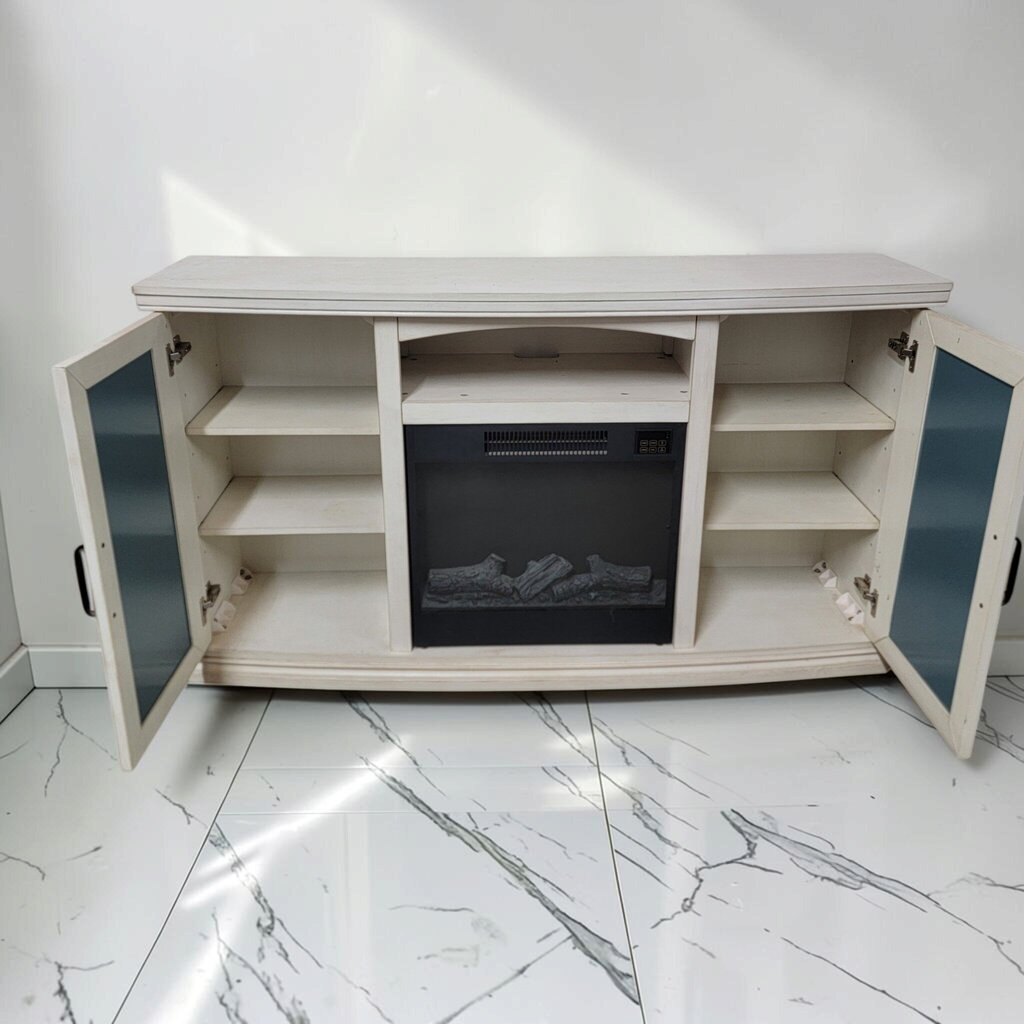 8833 Distressed Cream Electric Fireplace Media Console with Fretwork Doors