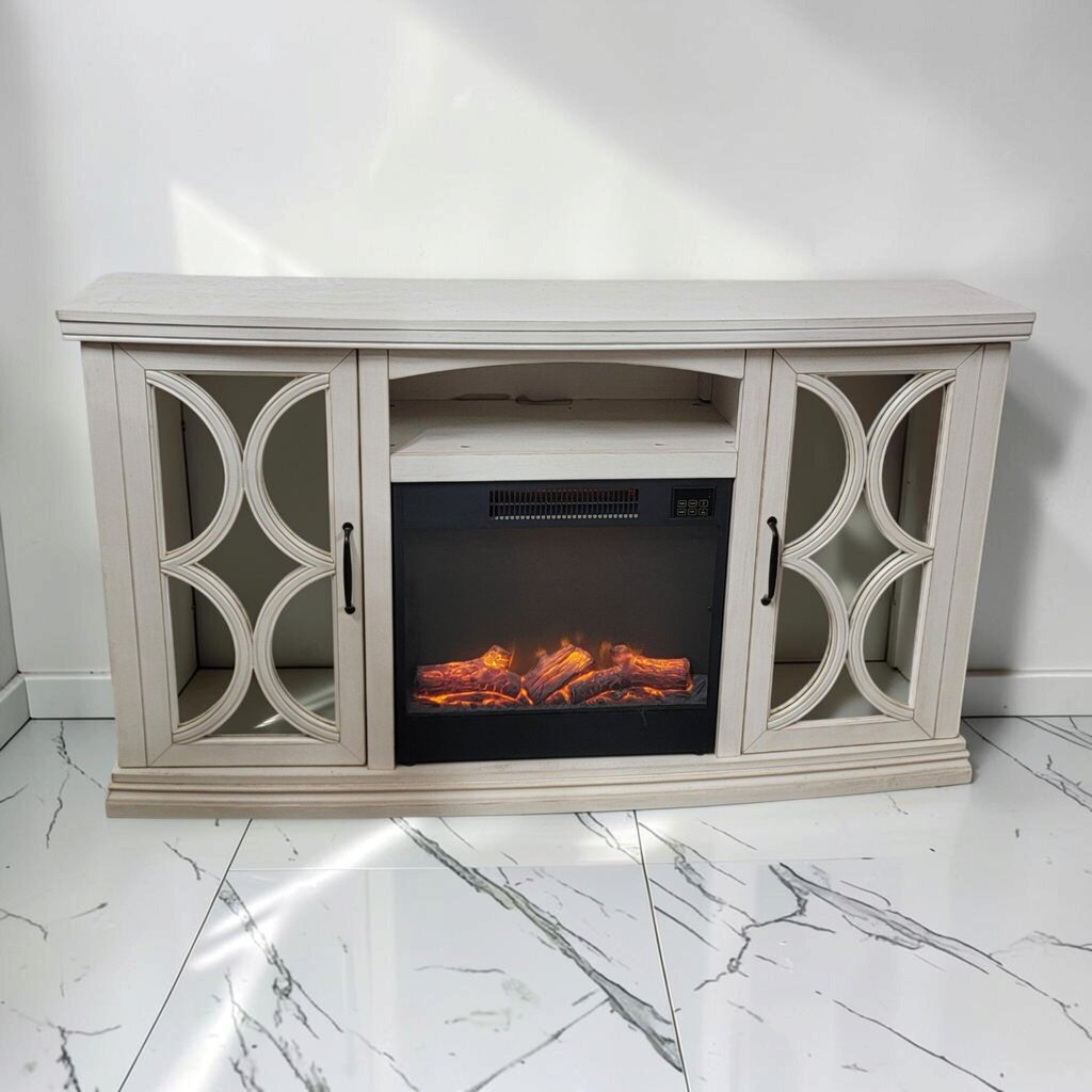 8833 Distressed Cream Electric Fireplace Media Console with Fretwork Doors