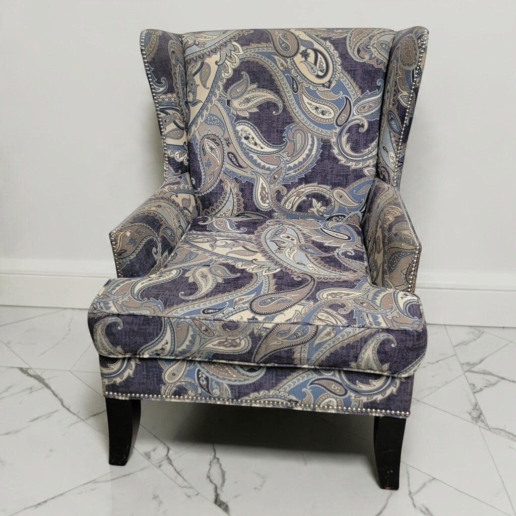 8853 Blue Paisely Wingback #Chair with Nailhead Trim