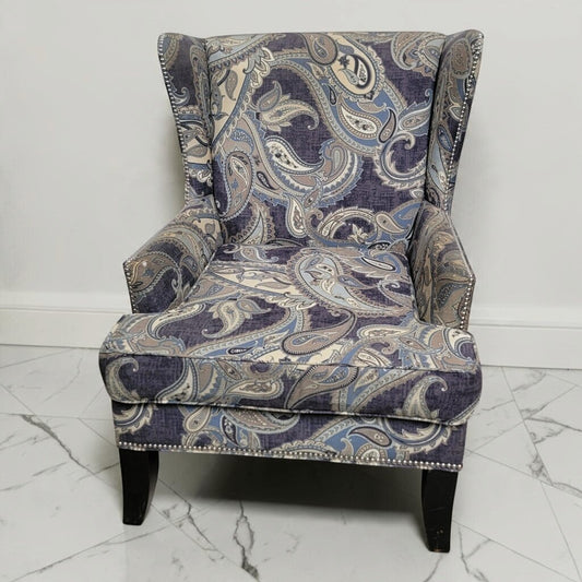 8853 Blue Paisely Wingback #Chair with Nailhead Trim Used ~ FURNITURE