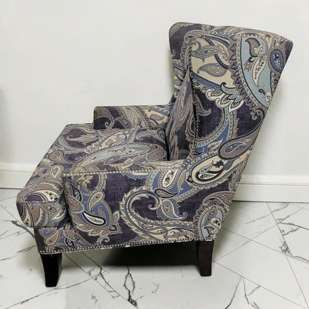 8853 Blue Paisely Wingback #Chair with Nailhead Trim