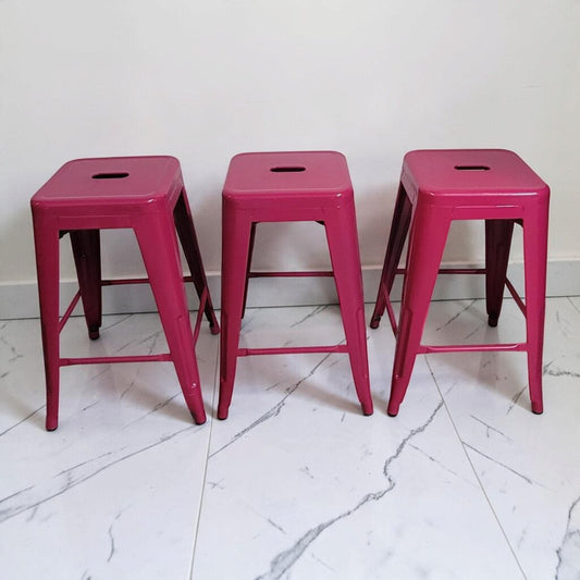 8856-8858 Fuchsia Powder-Coated Metal Tolix-Style Stools Used ~ FURNITURE