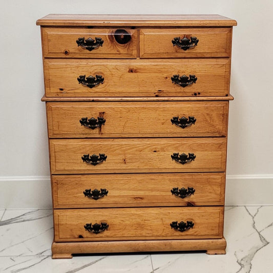 8873 Mid-20th Century Colonial Revival Knotty Pine Vintage 7 Drawer Chest has Tight Bottom Drawer