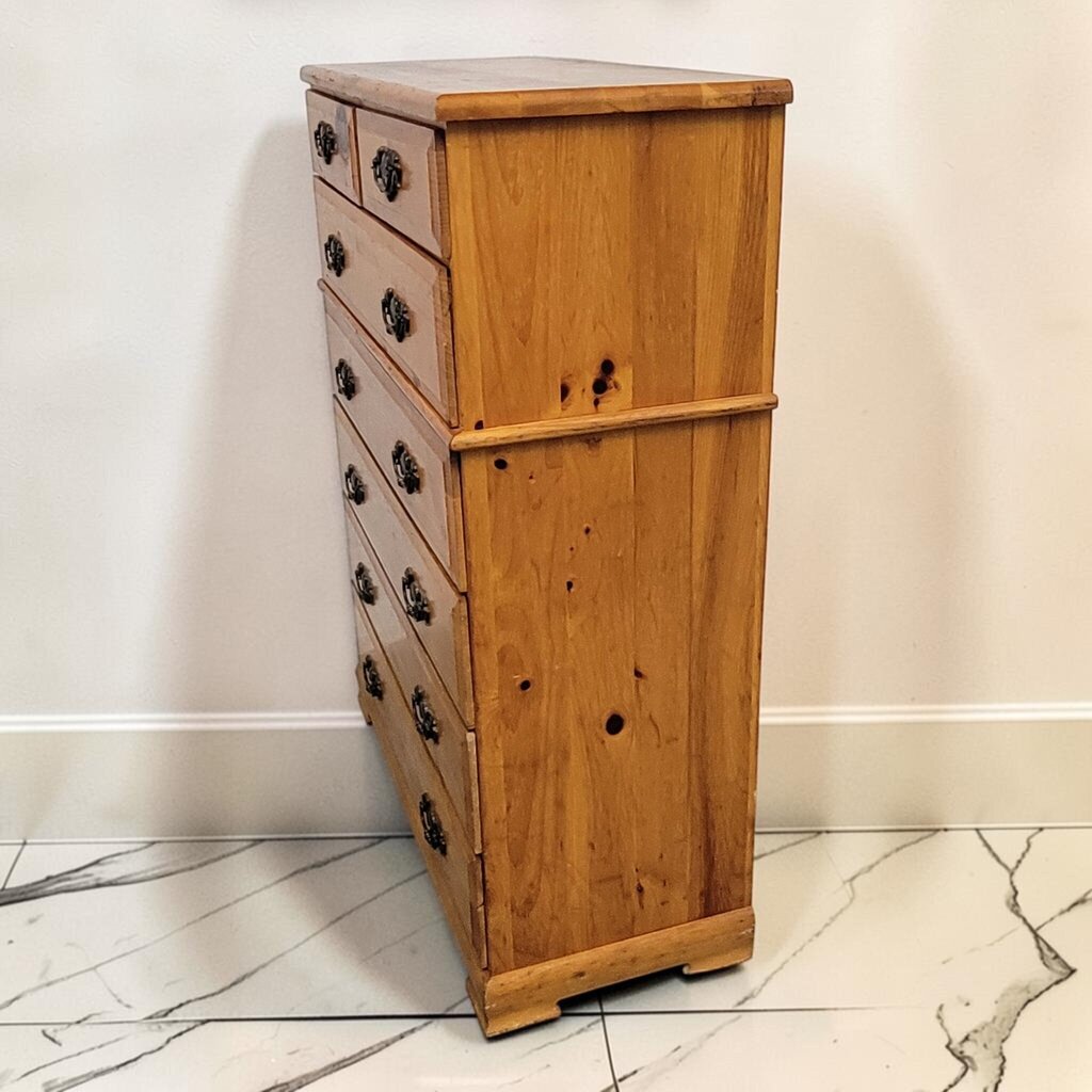 8873 Mid-20th Century Colonial Revival Knotty Pine Vintage 7 Drawer Chest has Tight Bottom Drawer
