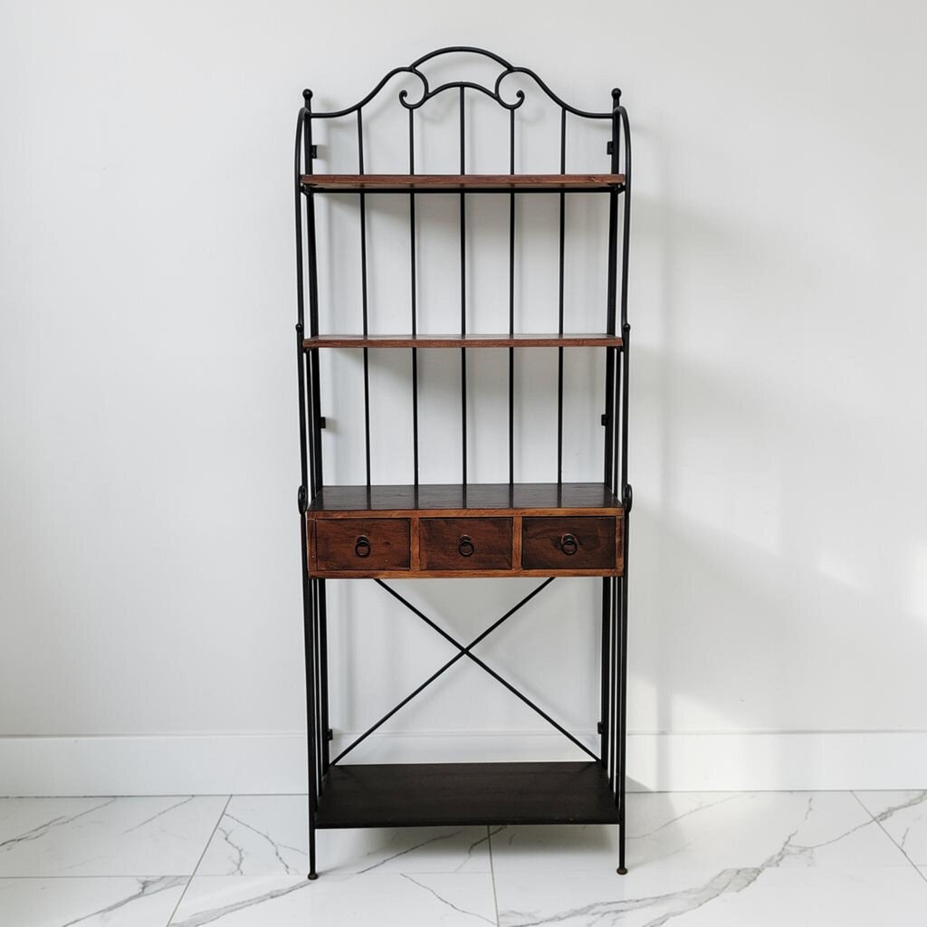 8880 Wrought Iron and Wood Three- Drawer Baker's #Rack