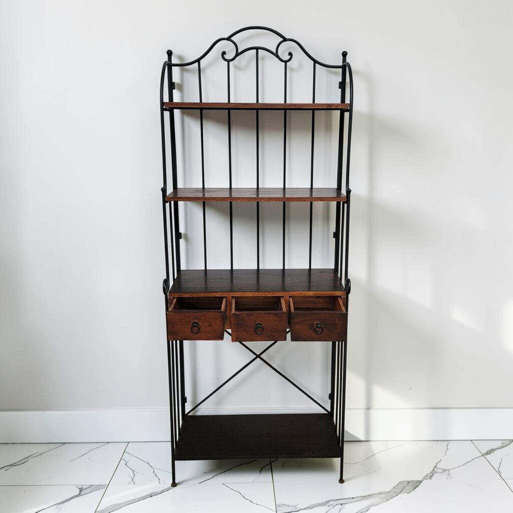 8880 Wrought Iron and Wood Three- Drawer Baker's #Rack